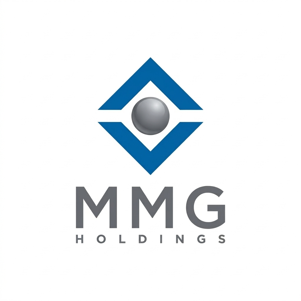 Logo for MMG Holdings featuring a stylized blue and gray geometric design with a silver sphere in the center, and the text 'MMG HOLDINGS' underneath.