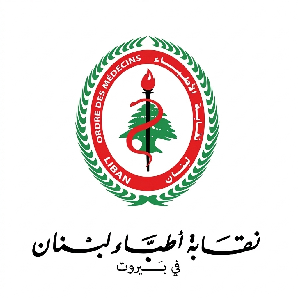 The emblem of the Lebanese Order of Physicians featuring a green cedar tree, a red medical torch, a red snake, and Arabic and English text, with additional Arabic script below.