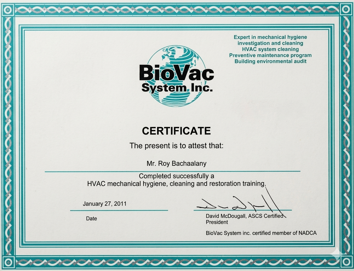 Certificate of completion awarded to Mr. Roy Bachaalany by BioVac System Inc. for HVAC mechanical hygiene, cleaning, and restoration training, dated January 27, 2011.