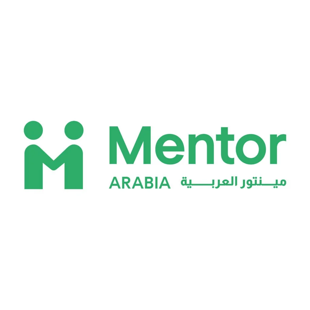 Green logo with two stylized human figures holding hands, the word 'Mentor' in large font, and 'ARABIA' and Arabic text beneath.
