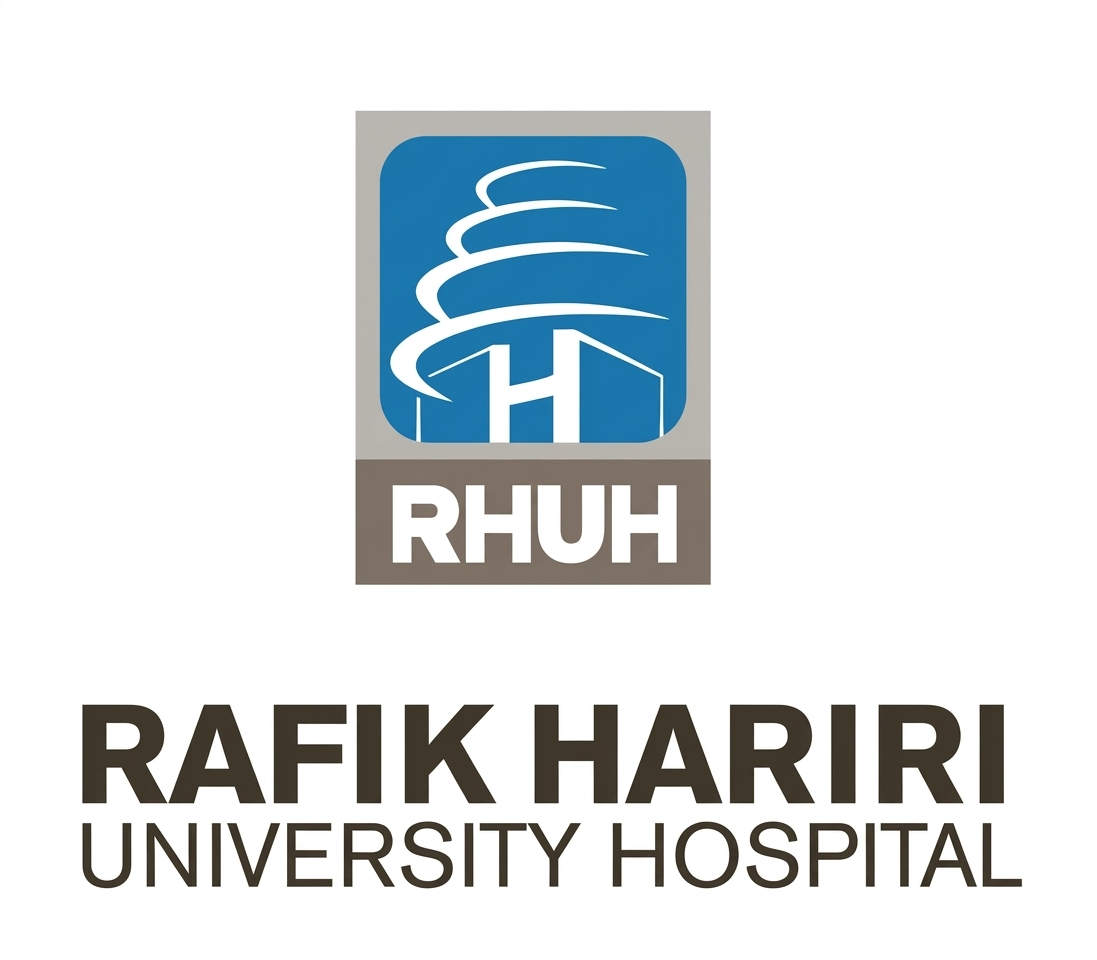 Logo of Rafik Hariri University Hospital with blue and grey colors, featuring a stylized building and spiral design, with the text "RHUH" and "RAFIK HARRI UNIVERSITY HOSPITAL".
