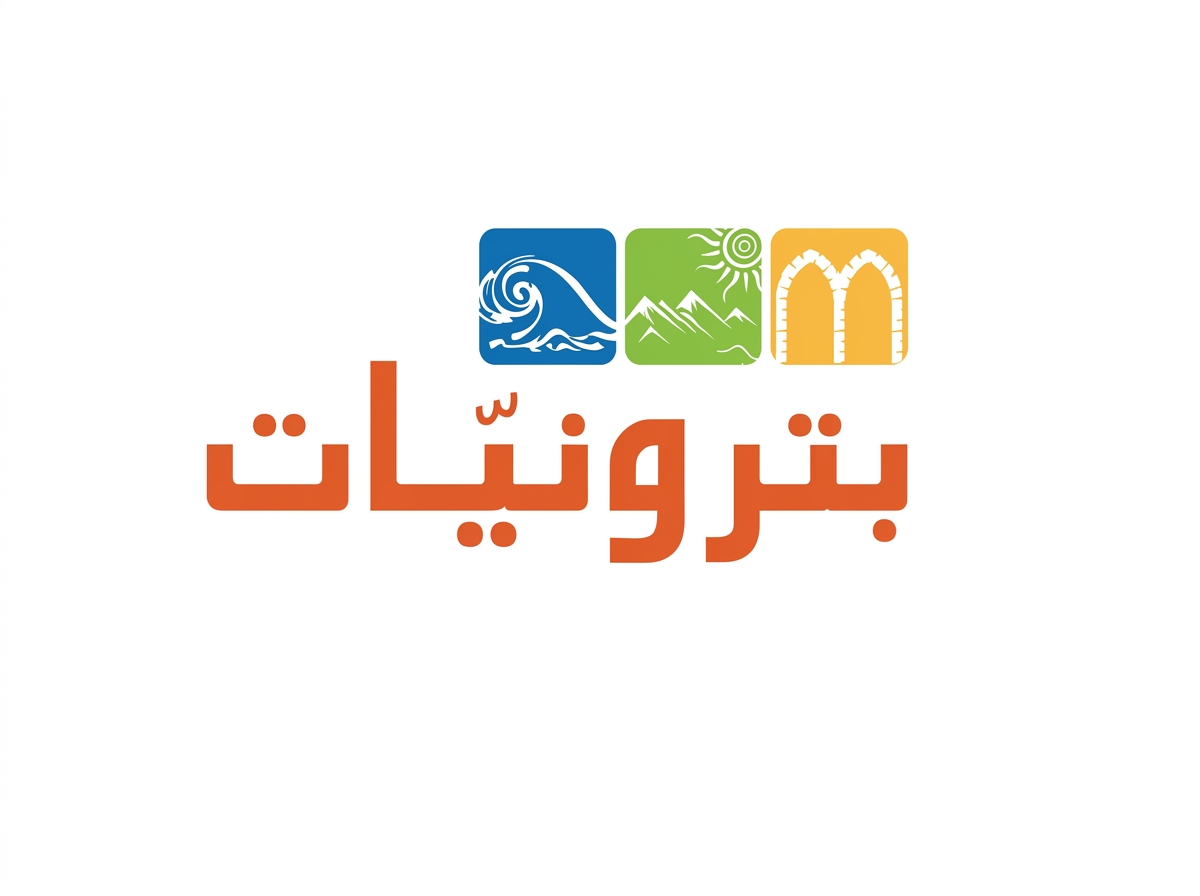 Logo with three colored squares featuring a wave, mountains with the sun, and arches, with Arabic text beneath.
