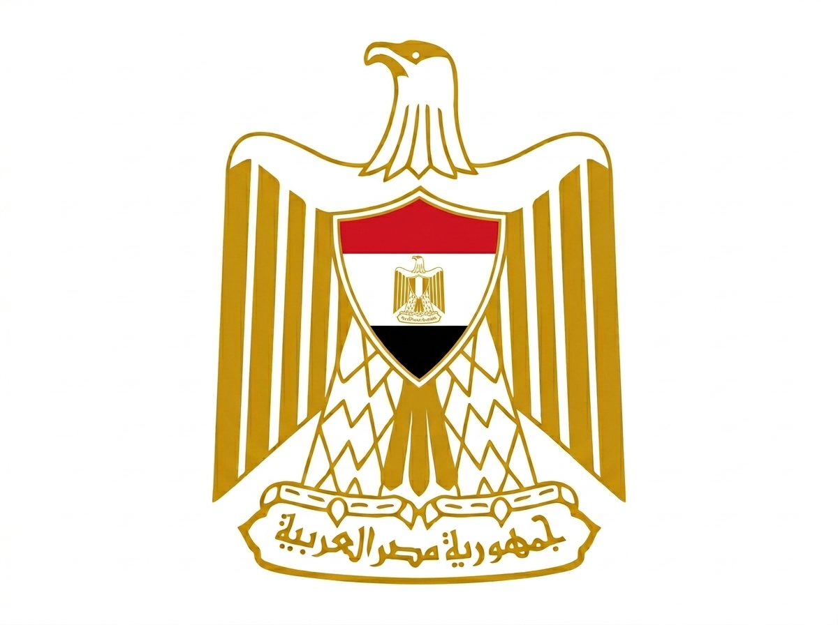 Emblem of Egypt featuring a golden eagle with a shield on its chest displaying the Egyptian flag and a smaller eagle, with Arabic text below.