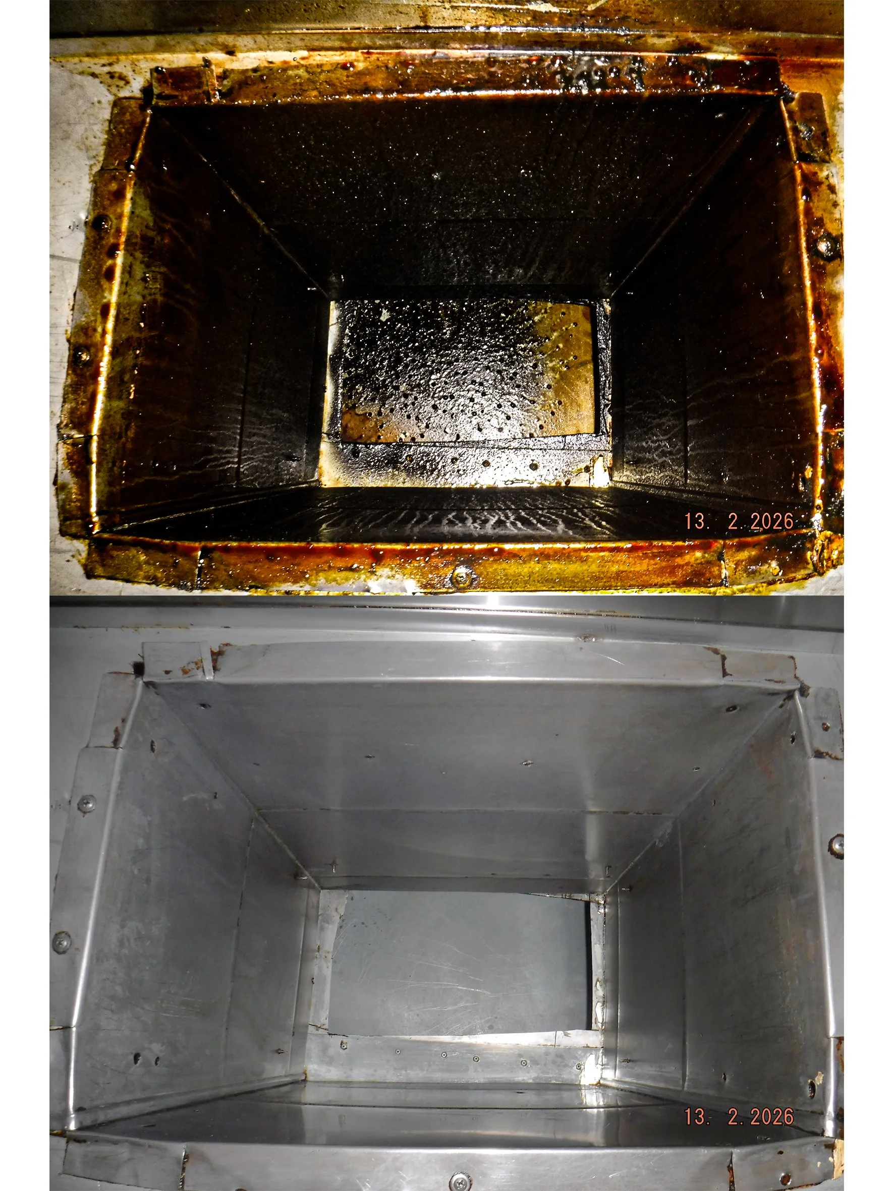 Comparison of two metal cavities, one stained and dirty at the top and clean and shiny at the bottom, both rectangular with a small opening at the front.