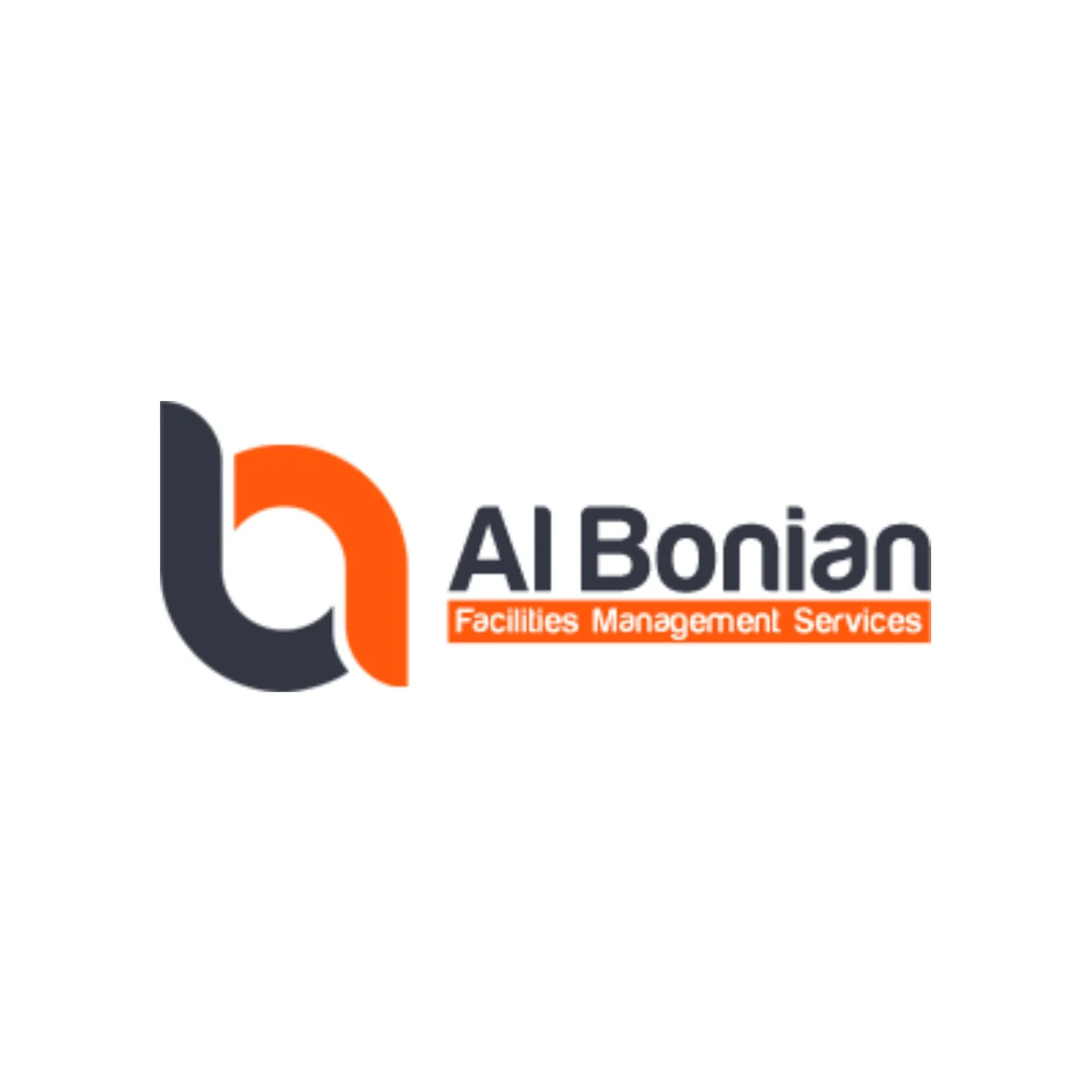 Logo for AI Bonian Facilities Management Services featuring a stylized 'b' with dark and orange colors, the company name, and a red banner with the service description.