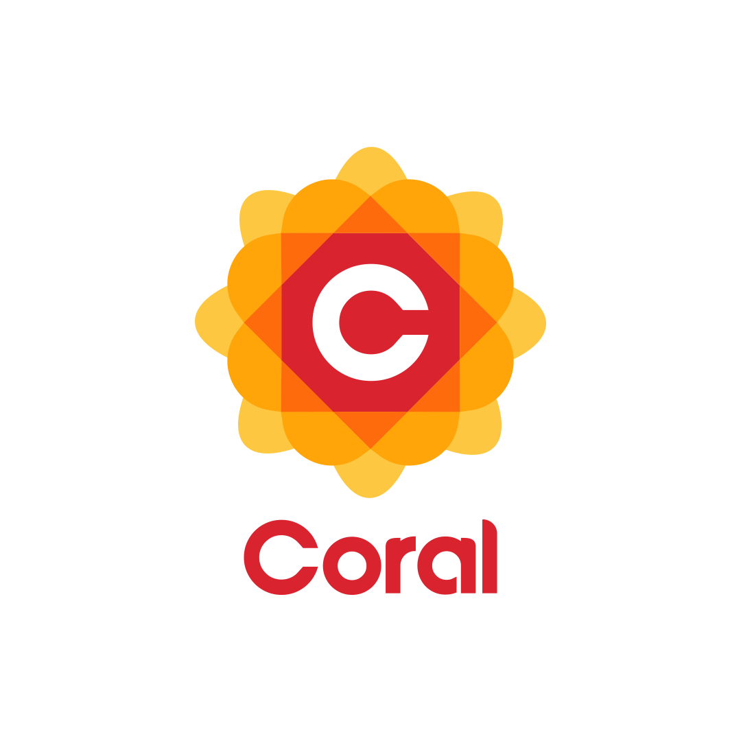 Colorful logo with a red capital C inside a red square, surrounded by an orange and yellow petal-like design, with the word 'Coral' in red below.