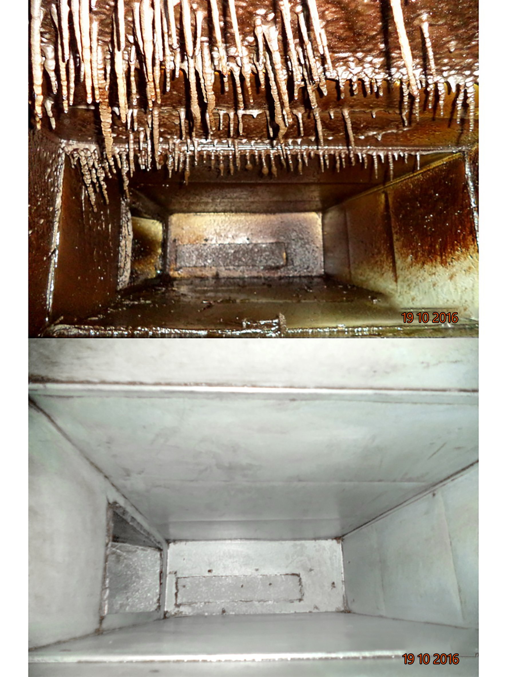 Close-up images of an empty, dirty metal container or box, with the top half showing rusted, dirty interior with stalactite-like formations and grime, and the bottom half showing a clean, empty interior. The images are dated October 19, 2016.