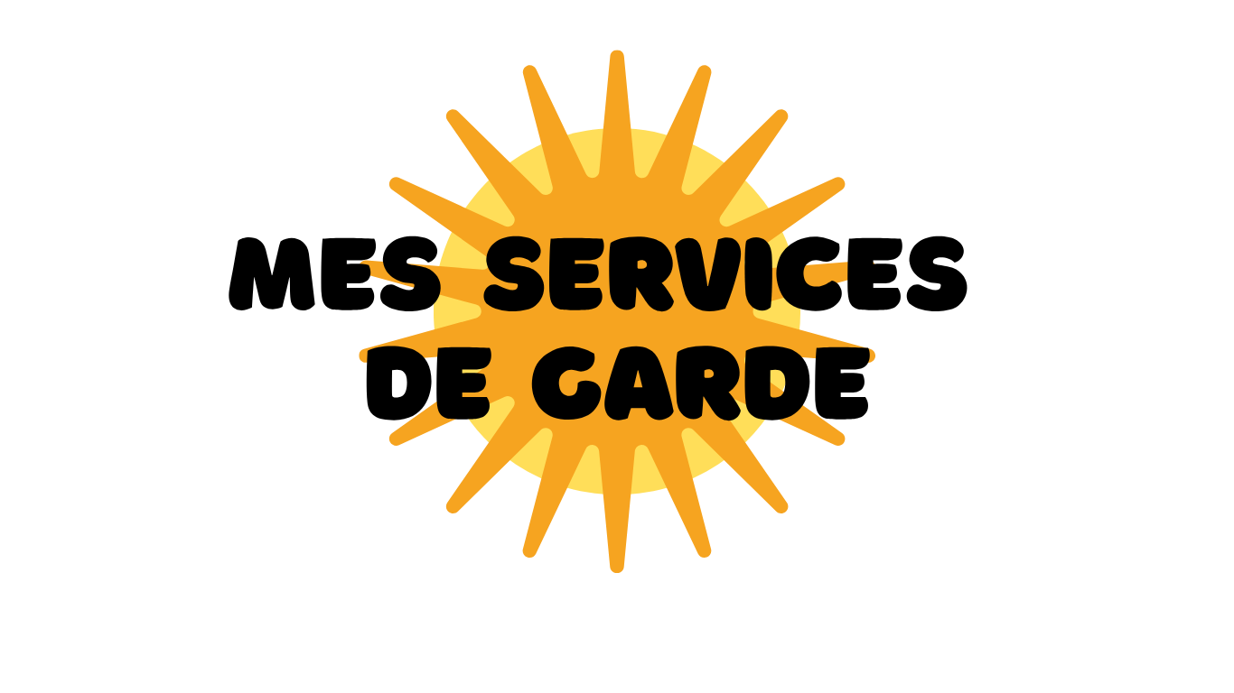 Logo avec un soleil jaune orange et l'inscription 'service de garde' en lettres épaisses noires.