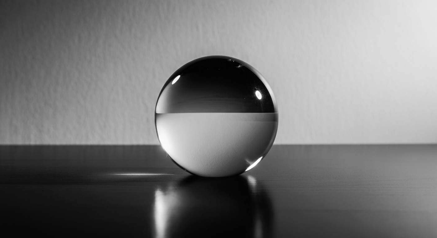 A glass sphere on a wooden surface with reflections and highlights, in black and white.
