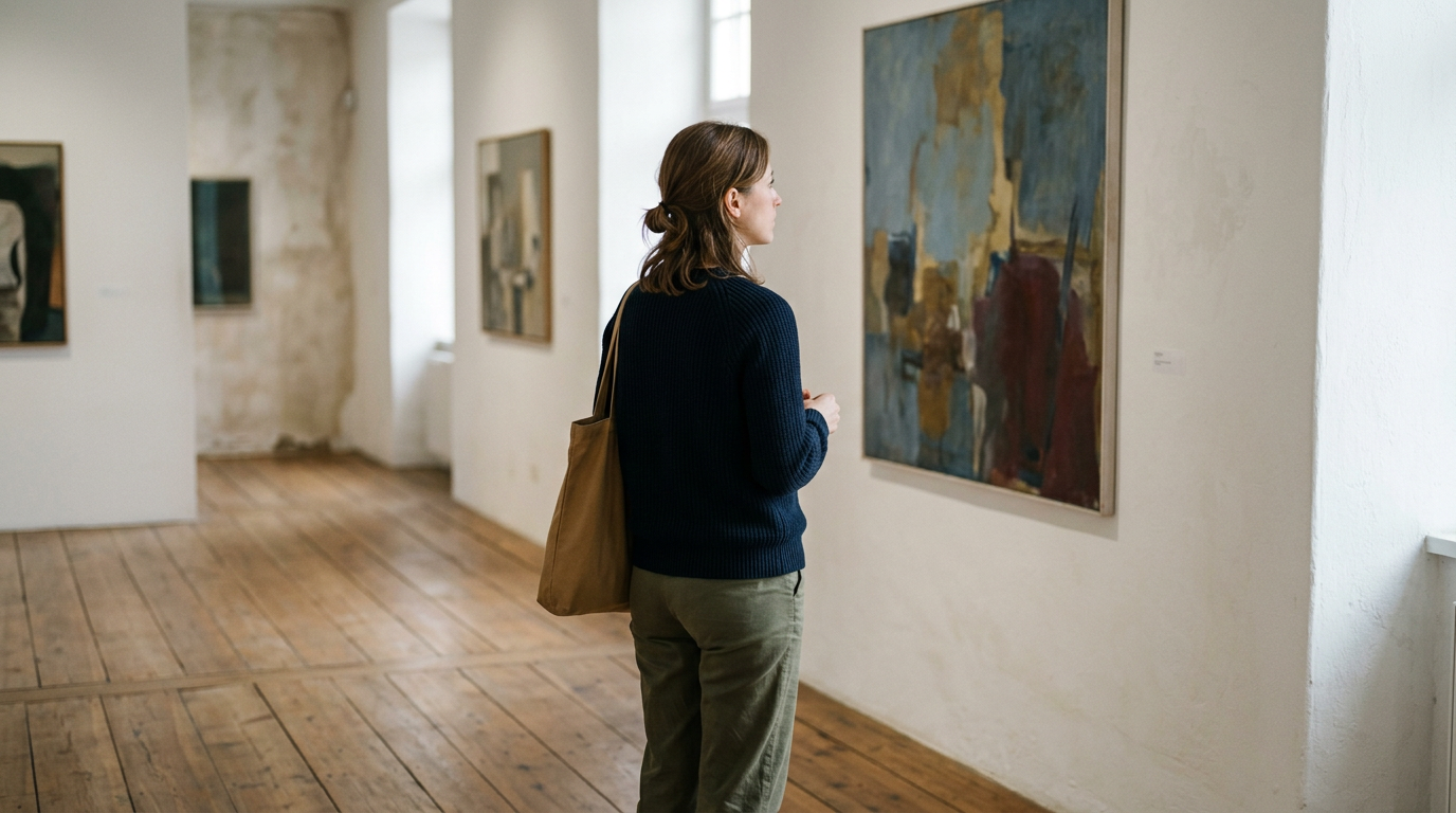 Woman visiting an art gallery alone as a simple solo date idea.