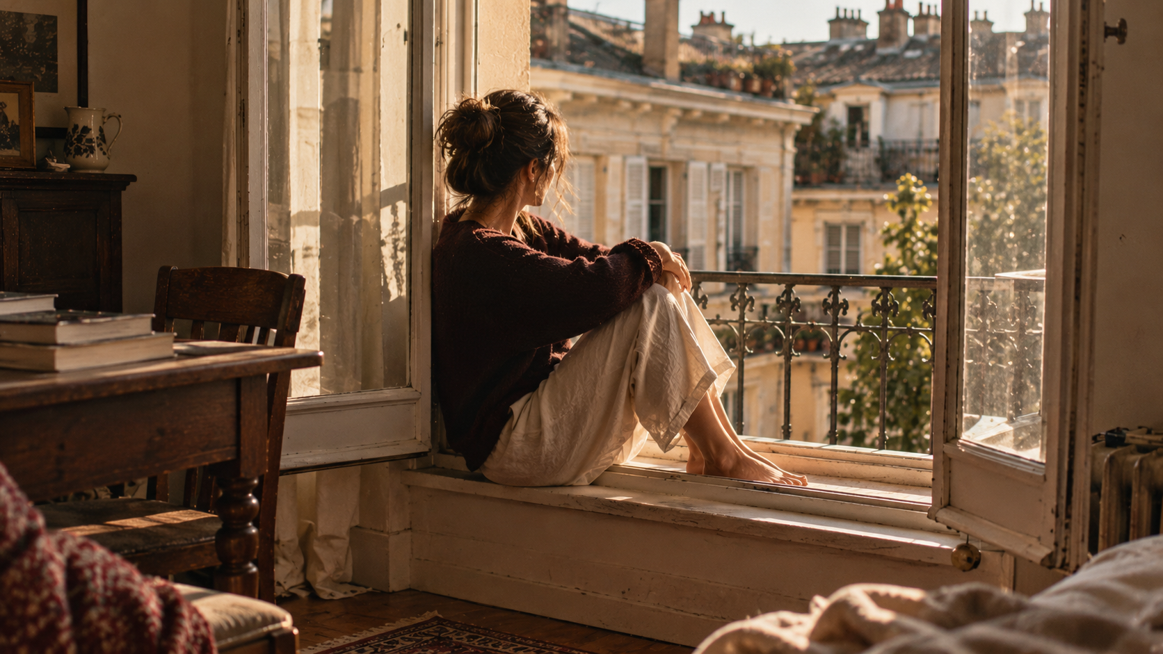 woman sitting by an open window in the afternoon