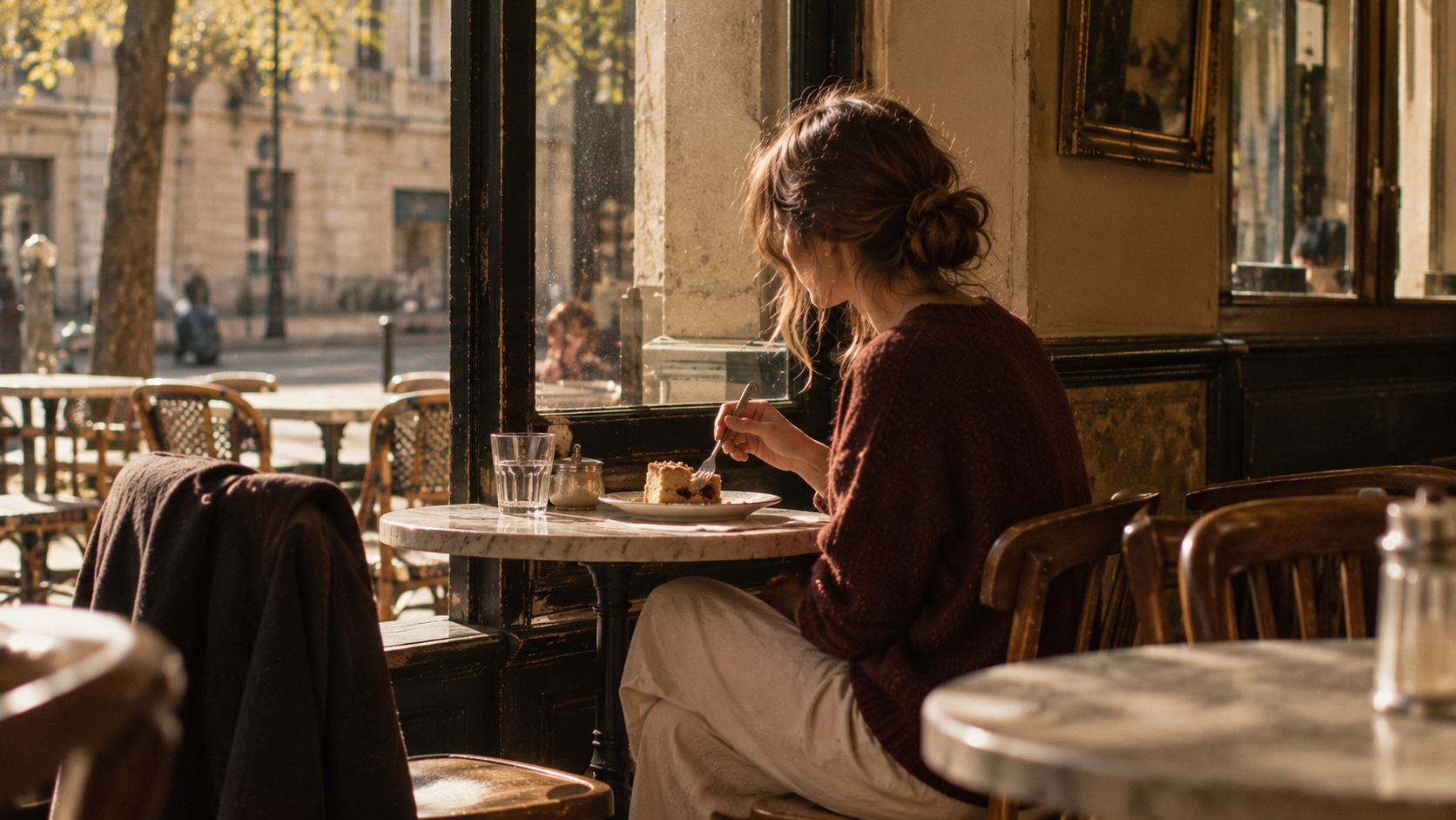 Woman eating a slice of cake alone at a small café