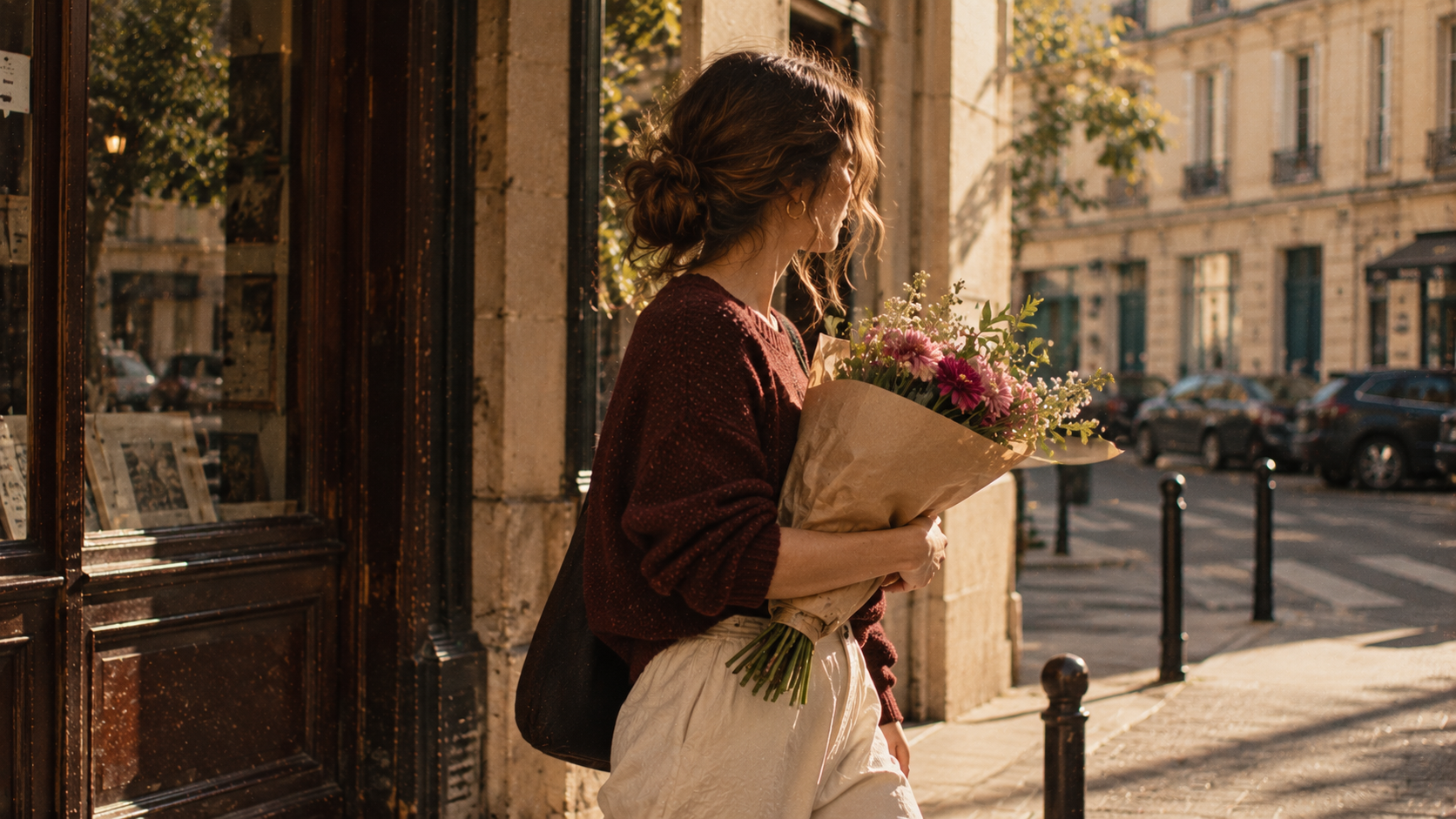Woman carrying fresh flowers