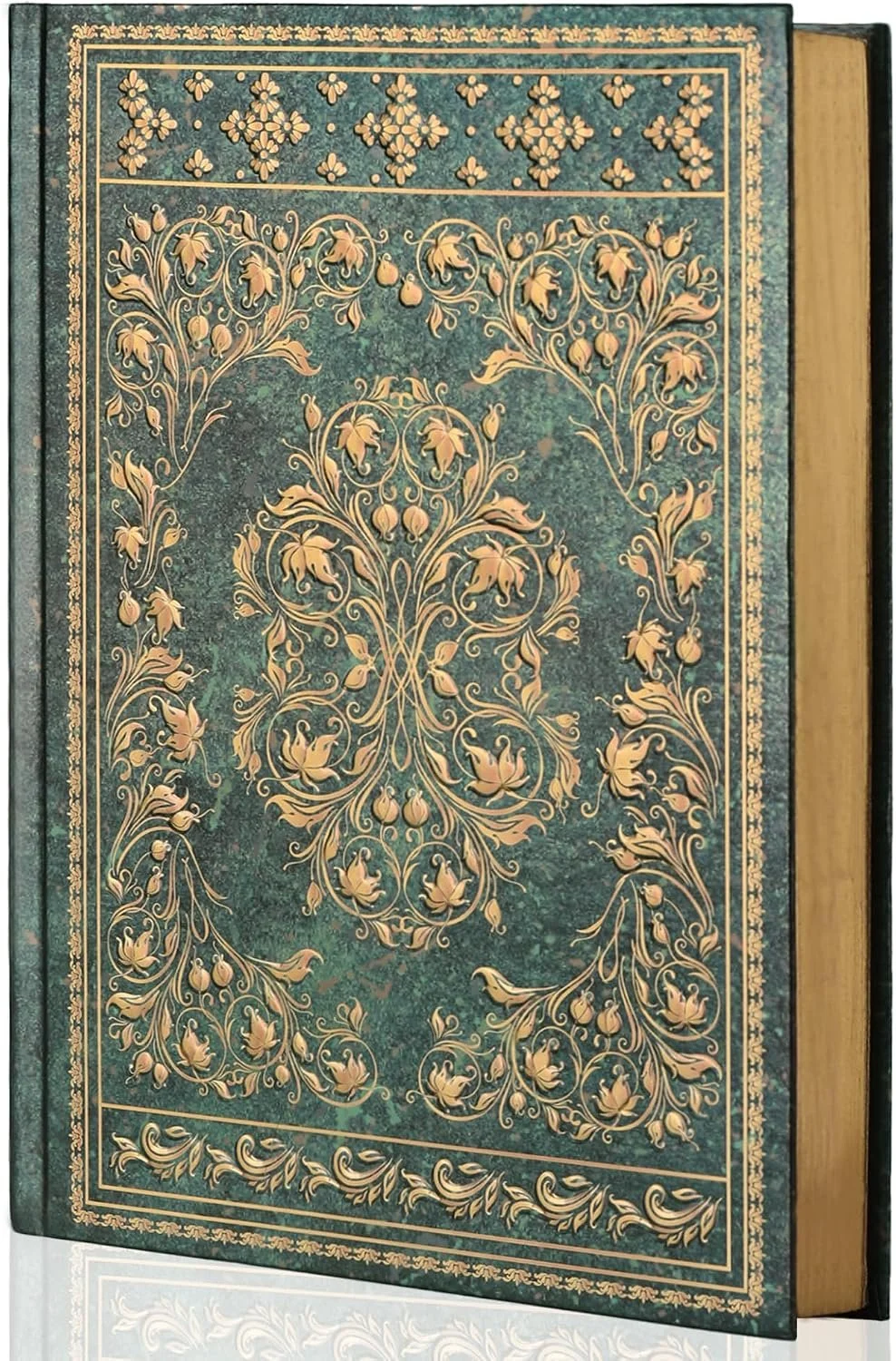 Decorative green journal with vintage-inspired gold floral design