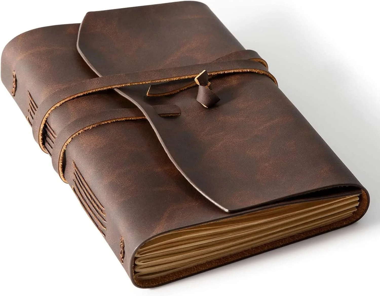 Brown leather journal with wraparound closure
