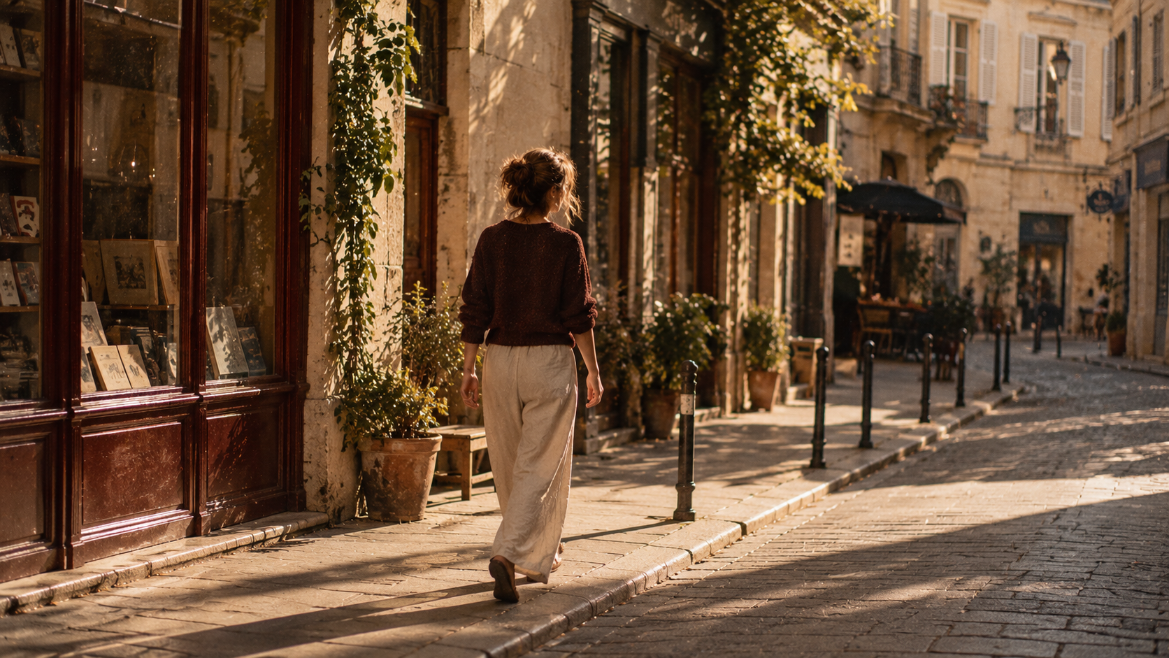 Quiet European street on a slow weekday afternoon, one woman walking