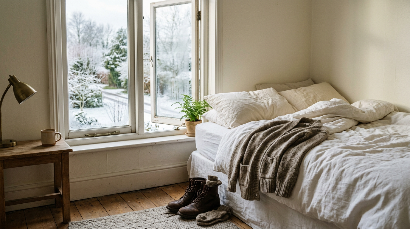 Quiet winter morning in a bedroom with an open window, rumpled bedding and shoes beside the bed, representing a fresh start for the new year.