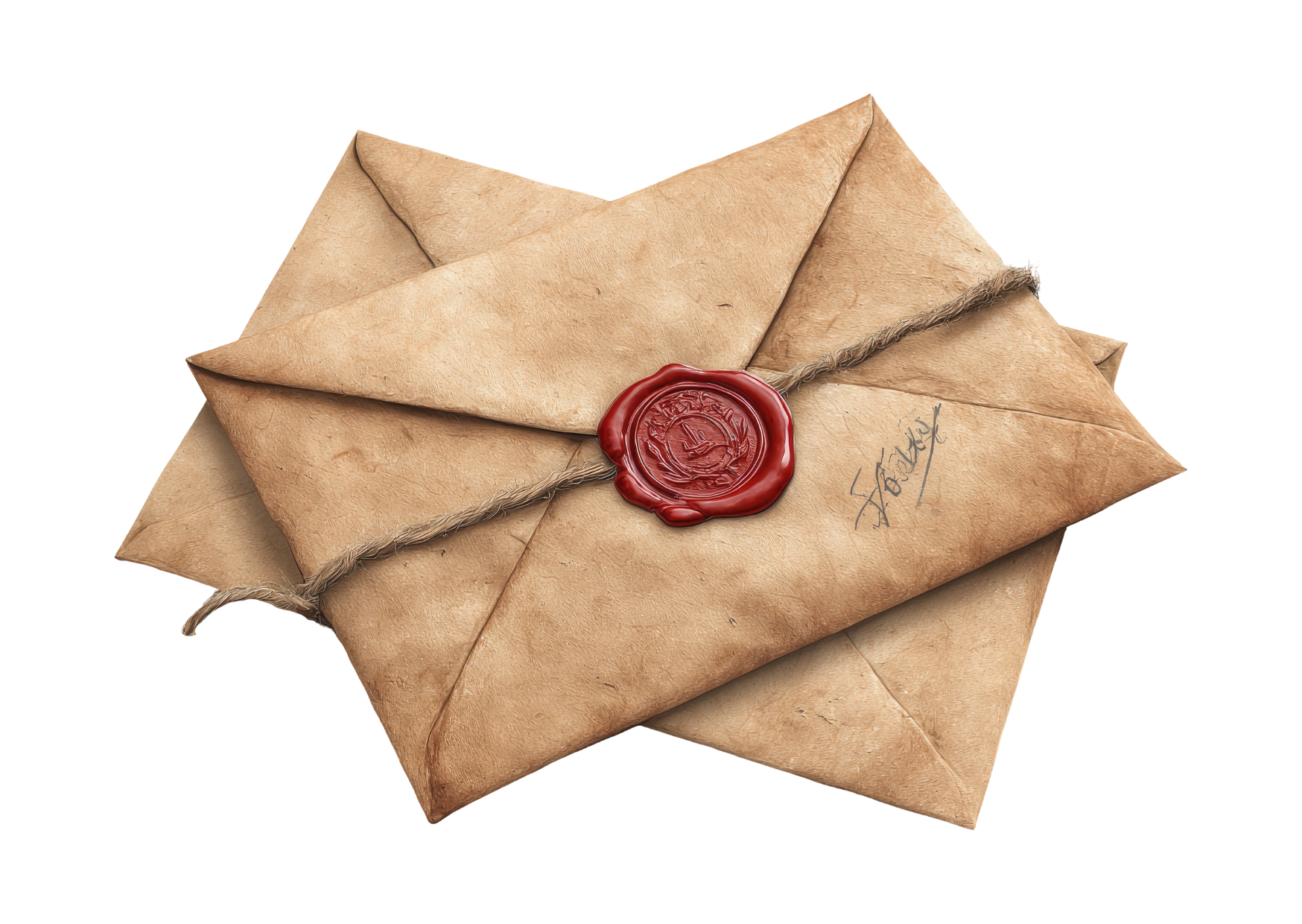 A vintage paper envelope sealed with red wax and a signatures. The envelope is tied with a piece of string.