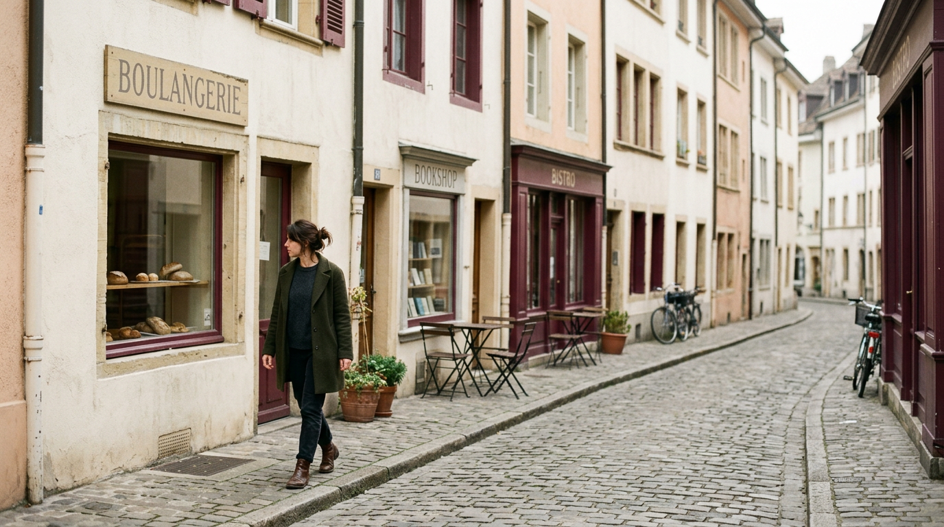 Quiet European street on a slow weekday afternoon, one woman walking without a bag or phone