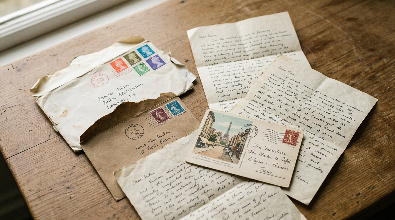 Handwritten pen pal letters, envelopes, postcards and postage stamps on a table.
