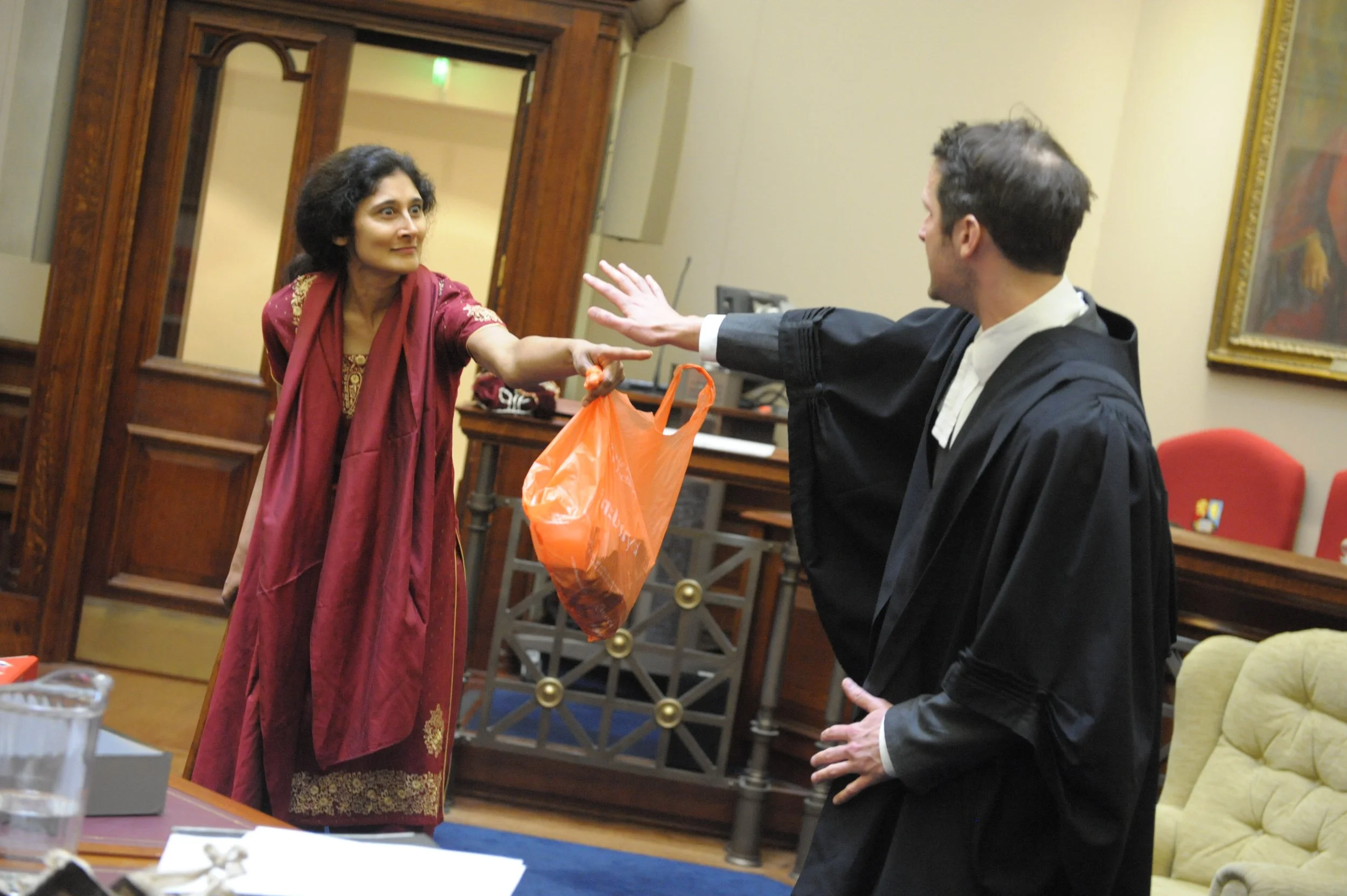 Sakuntala Ramanee as Aysha and James Daniel Wilson as Geoff Houseman — Image Credit: Robert Day
