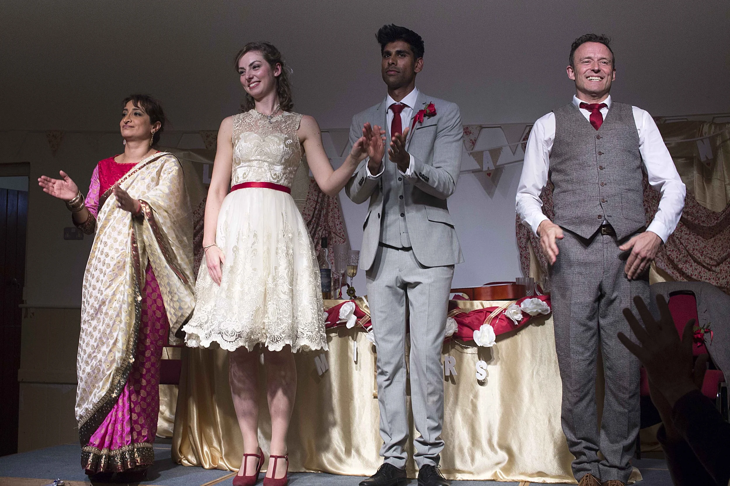 Sukhraj Dhillon as Shruti, Genevieve Helson as Clare, Shri Patel as Arjun and Graeme Rose as Jack, 2016 Production — Image credit: Kali Theatre