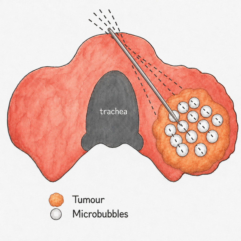 Diagram showing the moving shot technique for thyroid RFA.