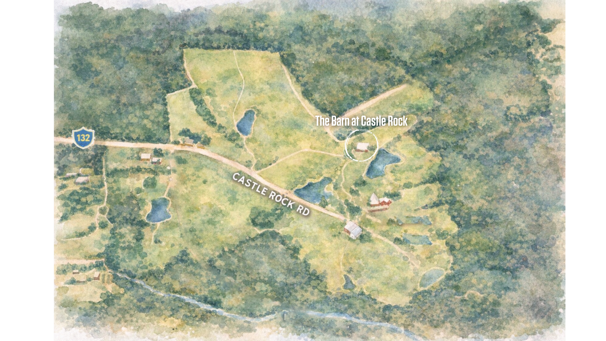 A watercolor-style map showing Castle Rock Road, three ponds, and the surrounding forested area. Notable location labeled 'The Barn at Castle Rock' with nearby buildings.
