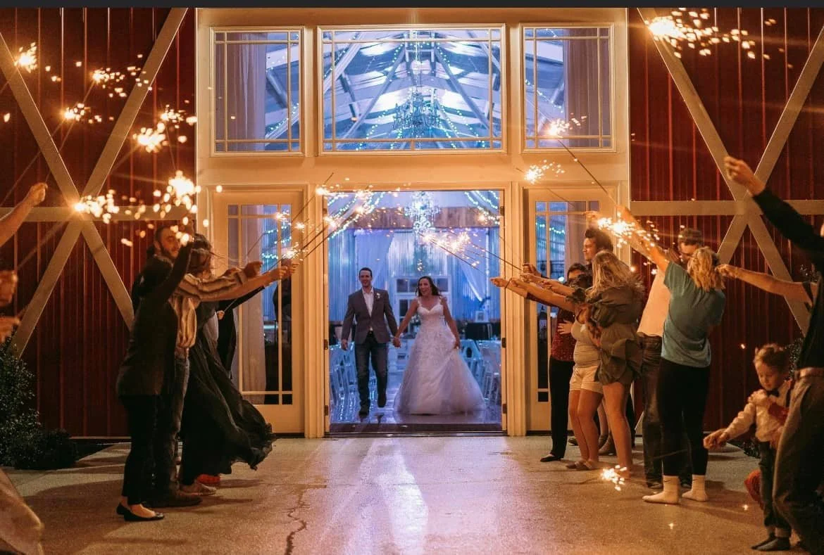 Bride and groom walking into a wedding reception through a doorway decorated with sparklers held by guests.