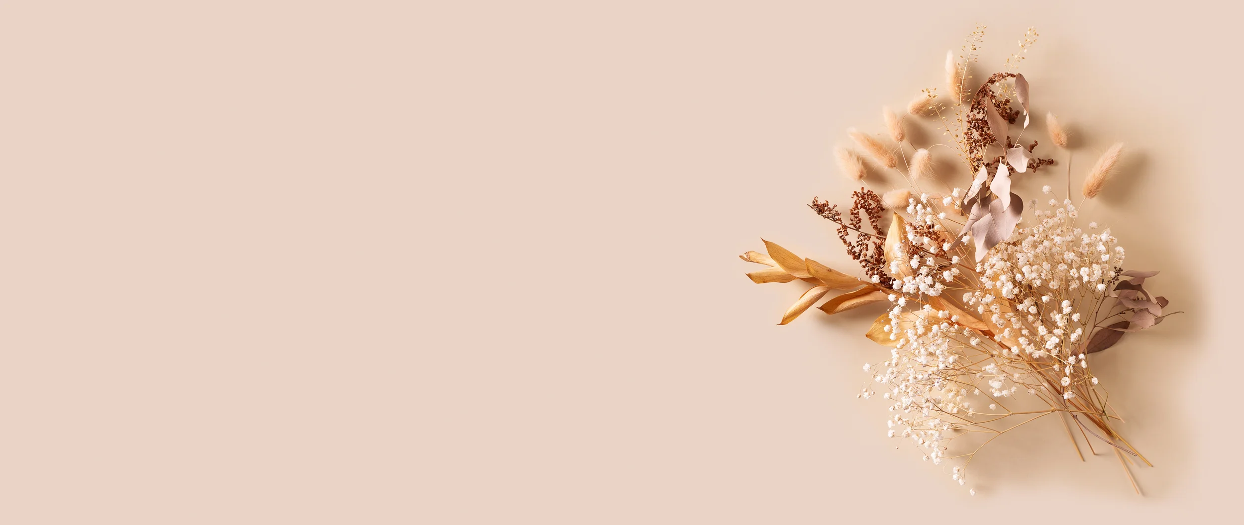 Trockenblumenarrangement mit weissen, braunen und beigen Blumen und Pflanzen auf hellbeigem Hintergrund.