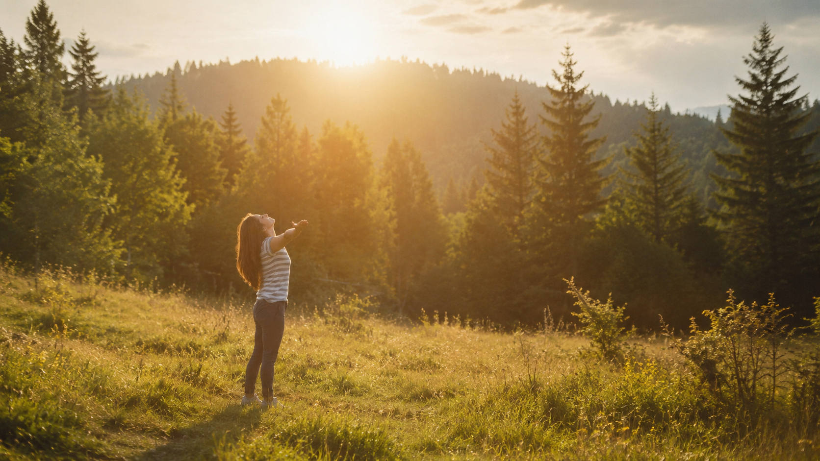Frau, Entspannung, Wald, Weite, warmes Sonnenlicht, Meditation, Erfüllung