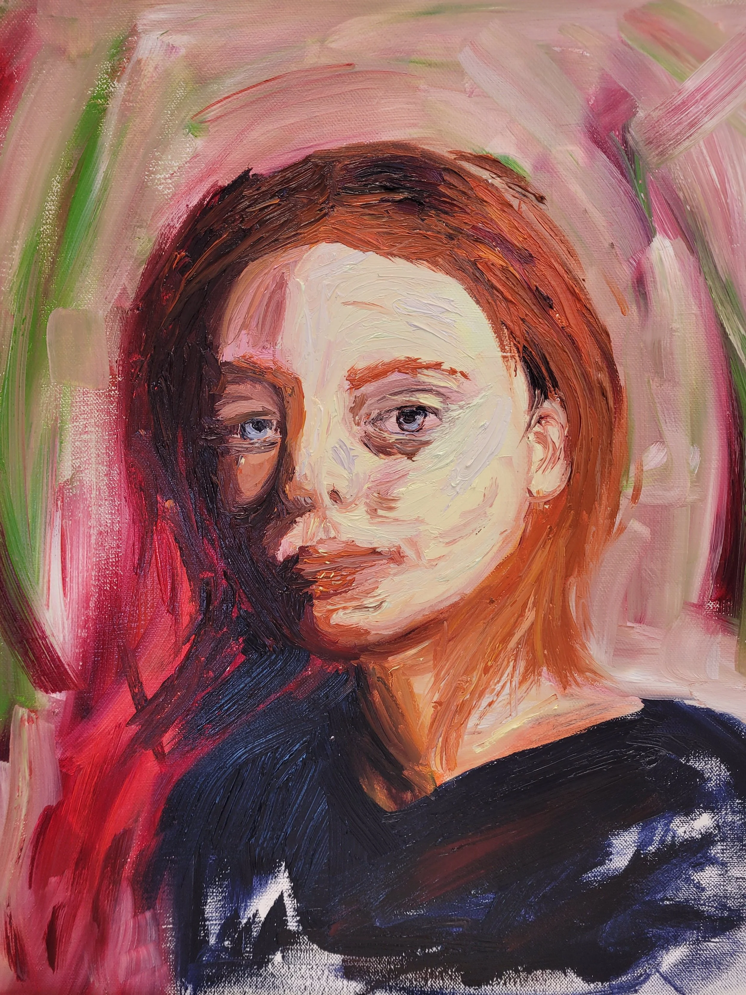 Post Tense,
Kathryn Guy, Alla Prima Oil portrait, 50cm by 40cm, 2024