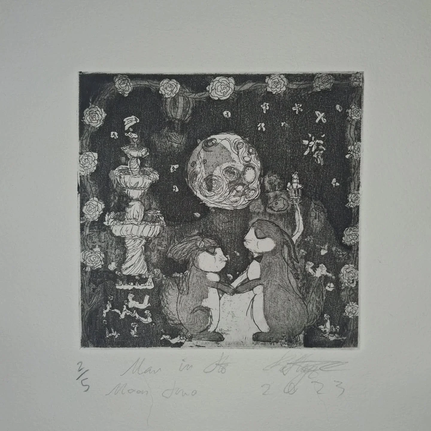 Man in the moon two.

Hide and seek, can you find the man in the moon? 

Etching, 2023

#Etching #bunniesinlove