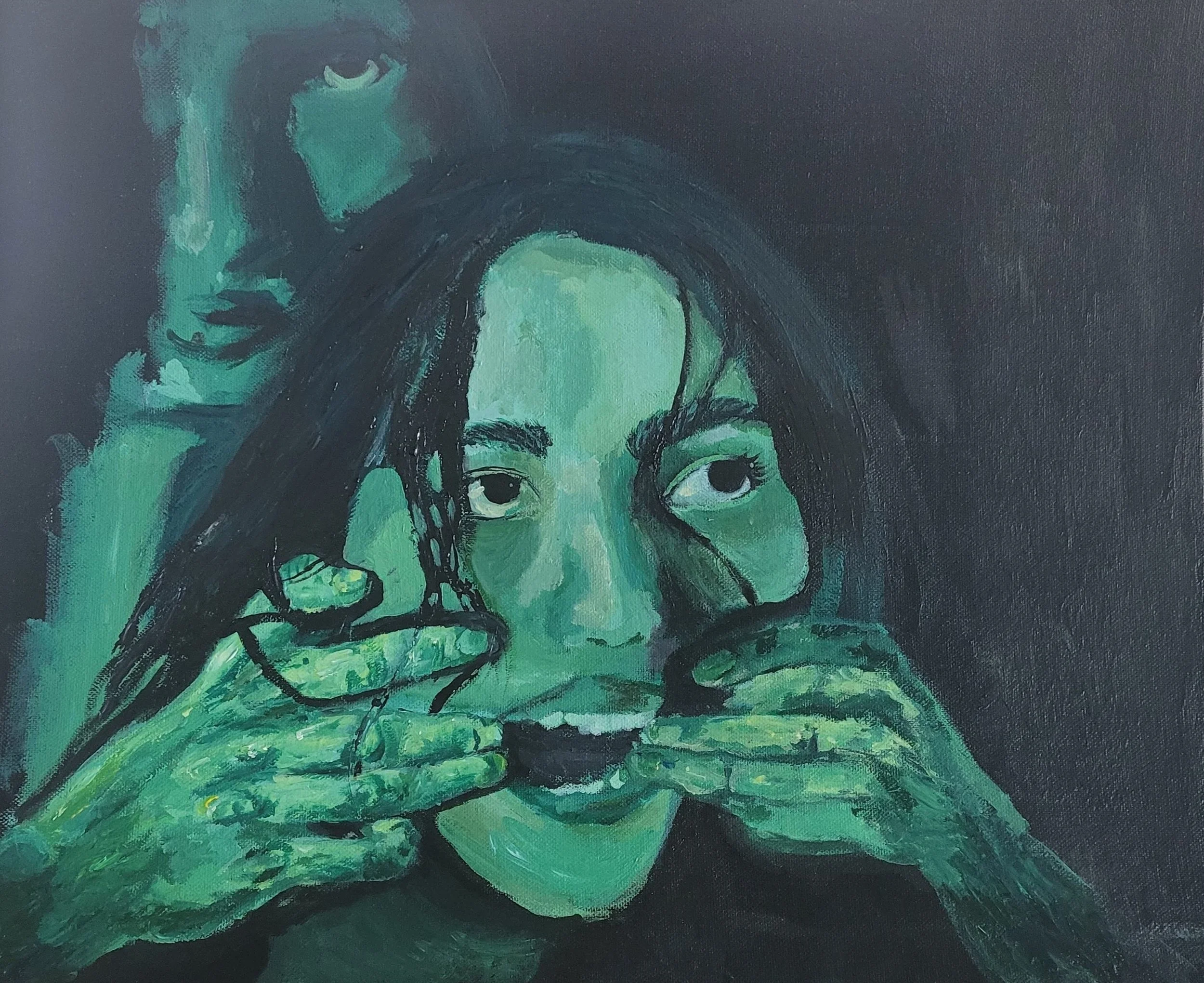 Green With Envy Of The Past, 
Kathryn Guy, Acrylic paint, 40cm by 30cm, 2023, Unavailable 
