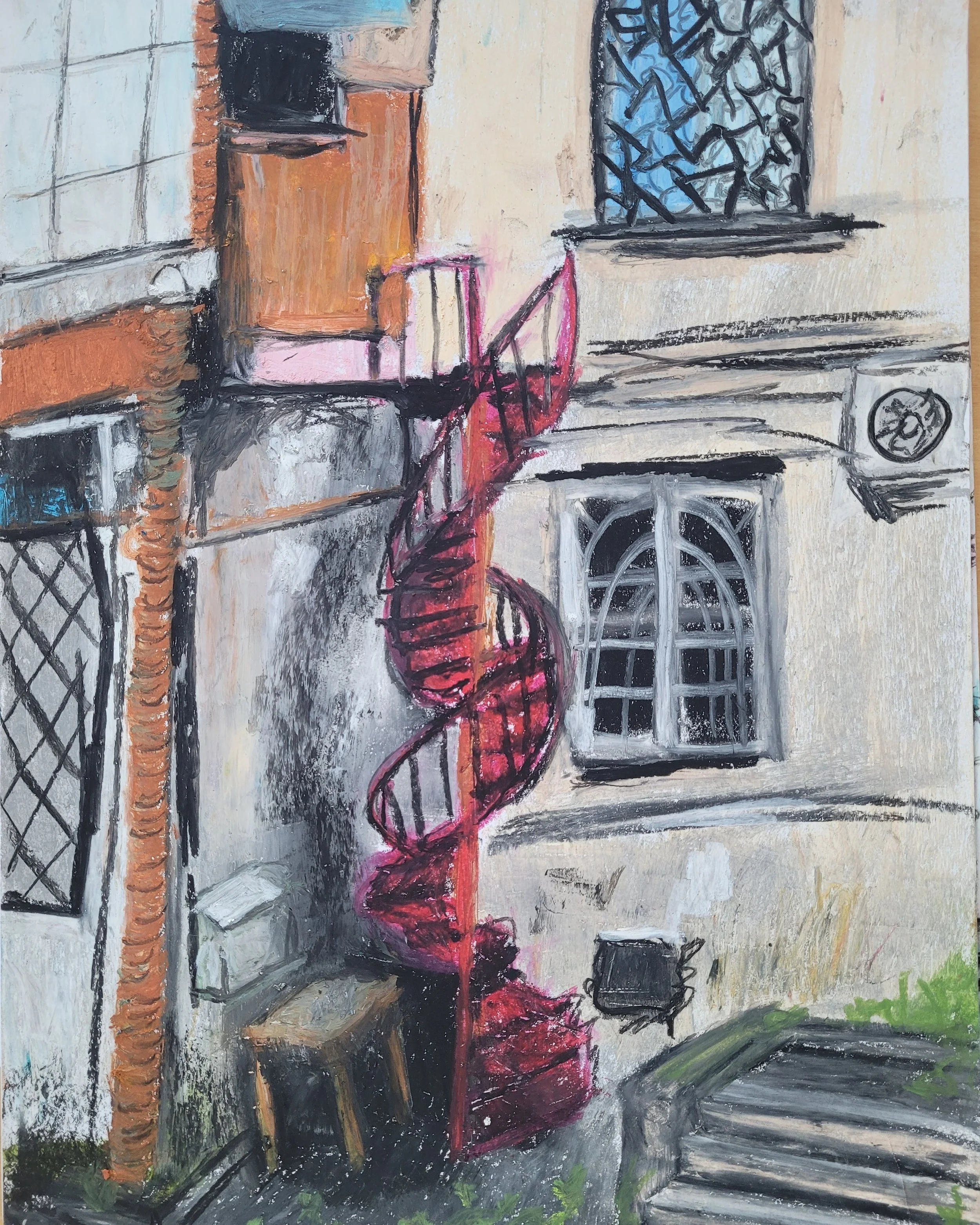 Red Staircase,
Kathryn Guy, Oil Pastel, A3, 2024, 
Sold