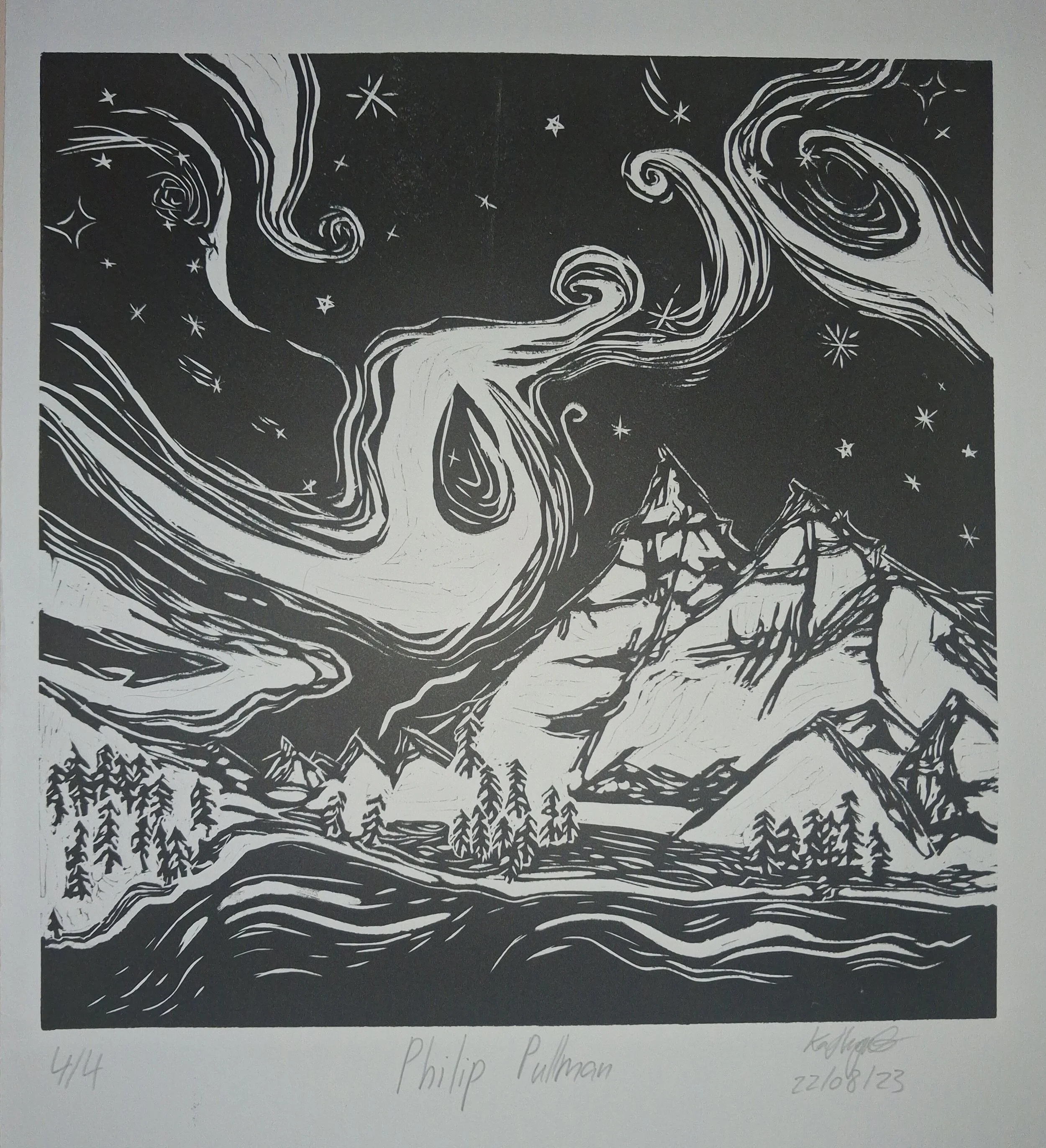 Philip Pullman,
Kathryn Guy, Lino, Print four of four, A3, 2023