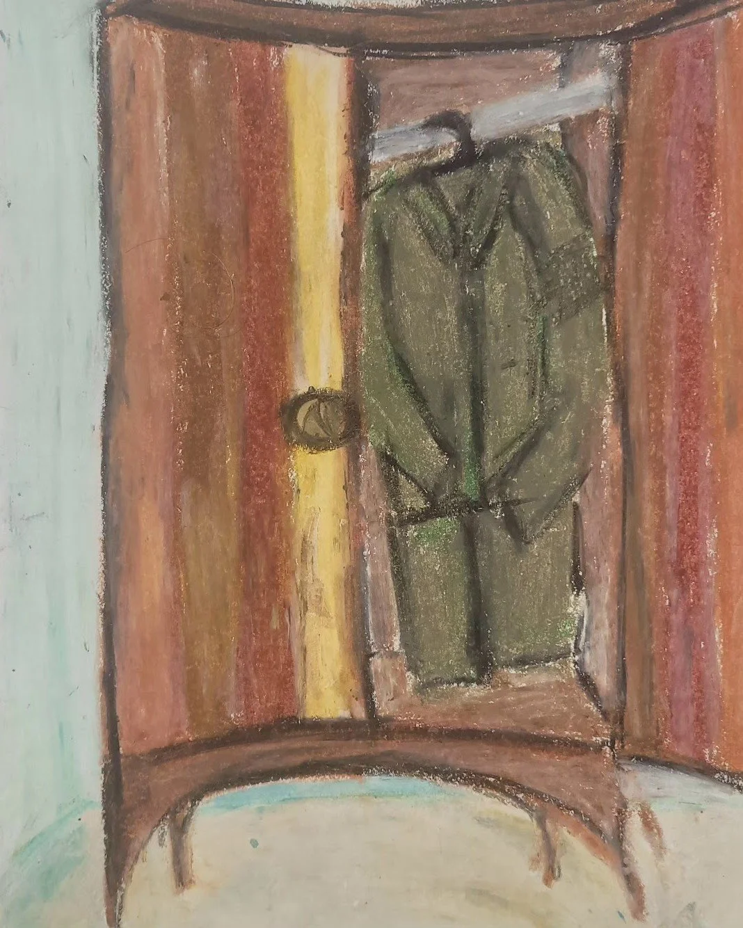 Work Wardrobe,
Detective Meow Meow series, 4 of 5, 
Kathryn Guy, Oil Pastel, A4, 2024,
Sold  