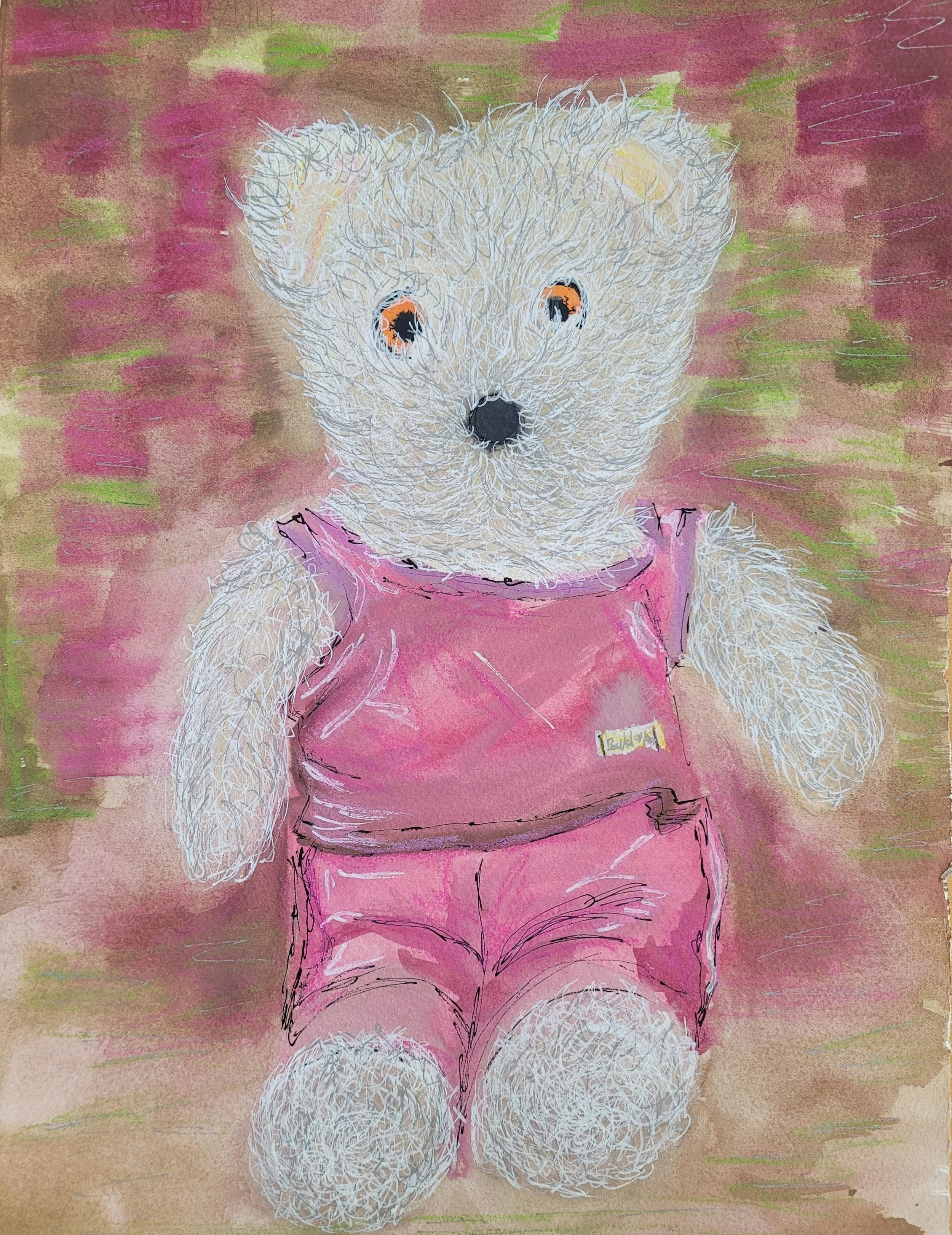 Perry's First Photo,
Kathryn Guy, Watercolour, Acrylic paint, Crayon and Ink, A3, 2024