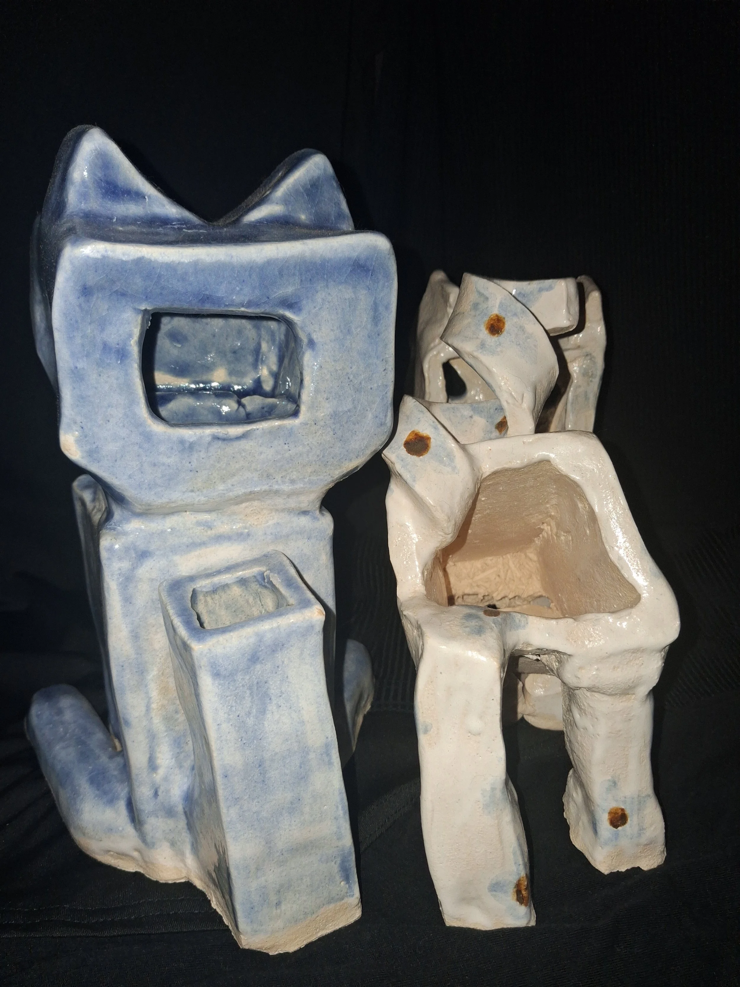 Square Cats In A Round Hole, 
Photo Two,
Kathryn Guy, Glazed Ceramics, 26cm by 19cm (Piece one), 21cm by 27cm (Piece two), 2024