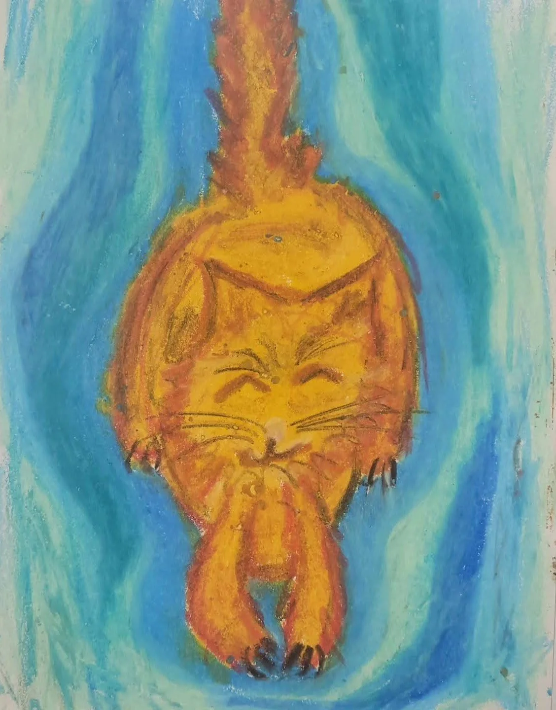 Bliss Stretch, 
Detective Meow Meow series, 2 of 5,
Kathryn Guy, Oil Pastel, A4, 2024,
Sold 