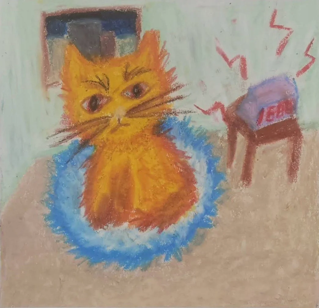 Wake Up!,
Detective Meow Meow series, 1 of 5,
Kathryn Guy, Oil Pastel, 2024,
Sold