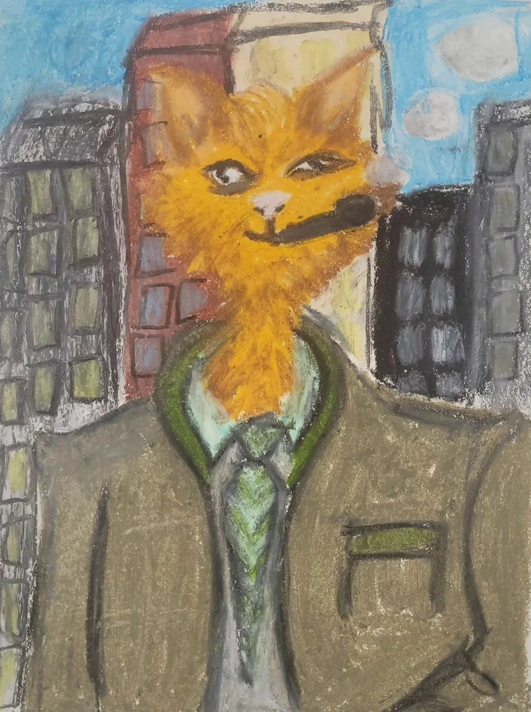 Detective Meow Meow Hard At Work,
Detective Meow Meow series, 5 of 5, 
Kathryn Guy, Oil Pastel, A4, 2024,
Sold  
