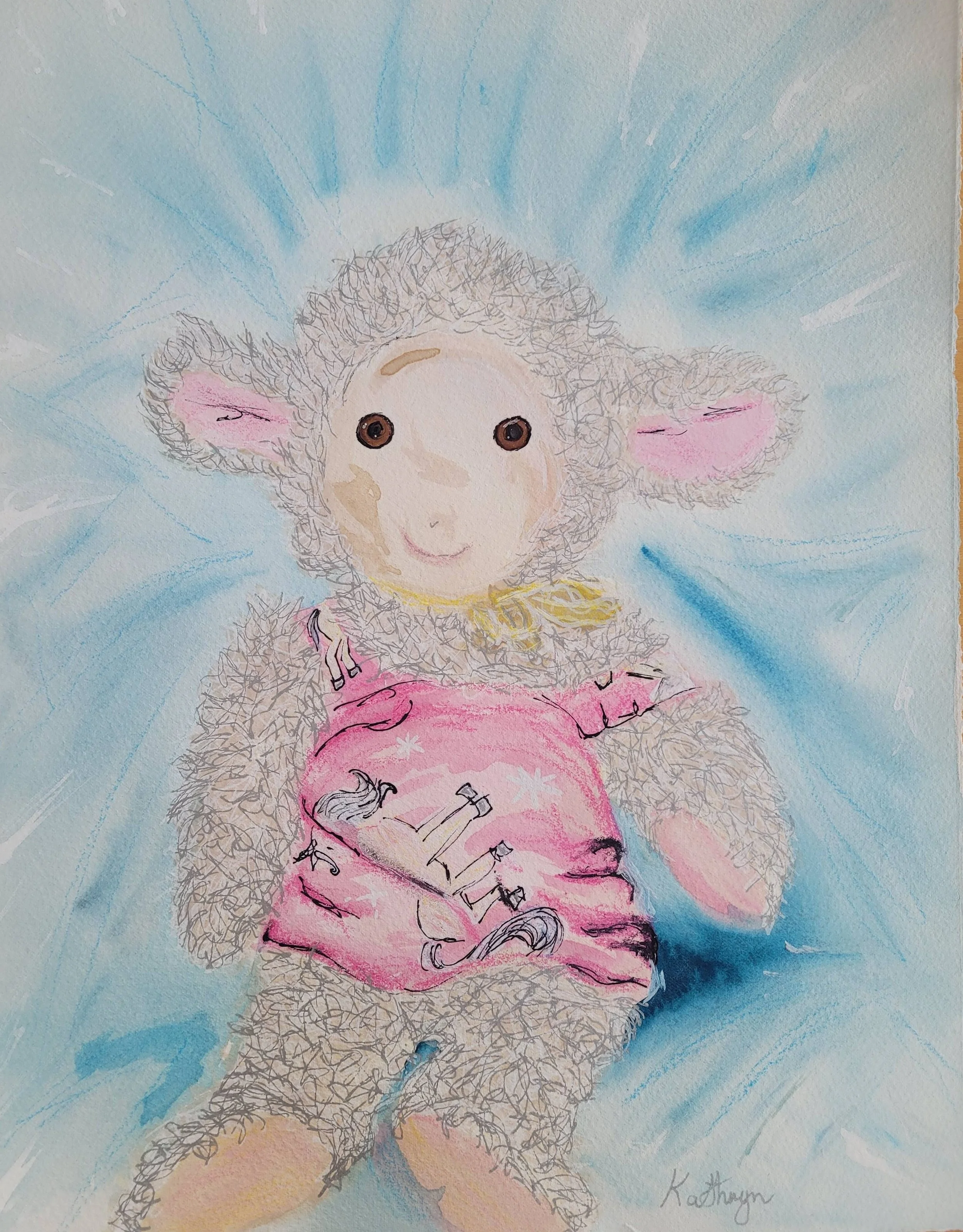 Sheepy's First Photo,
Kathryn Guy, Watercolour, Acrylic paint, Crayon, Fine Line Pen and Ink, A3, 2024