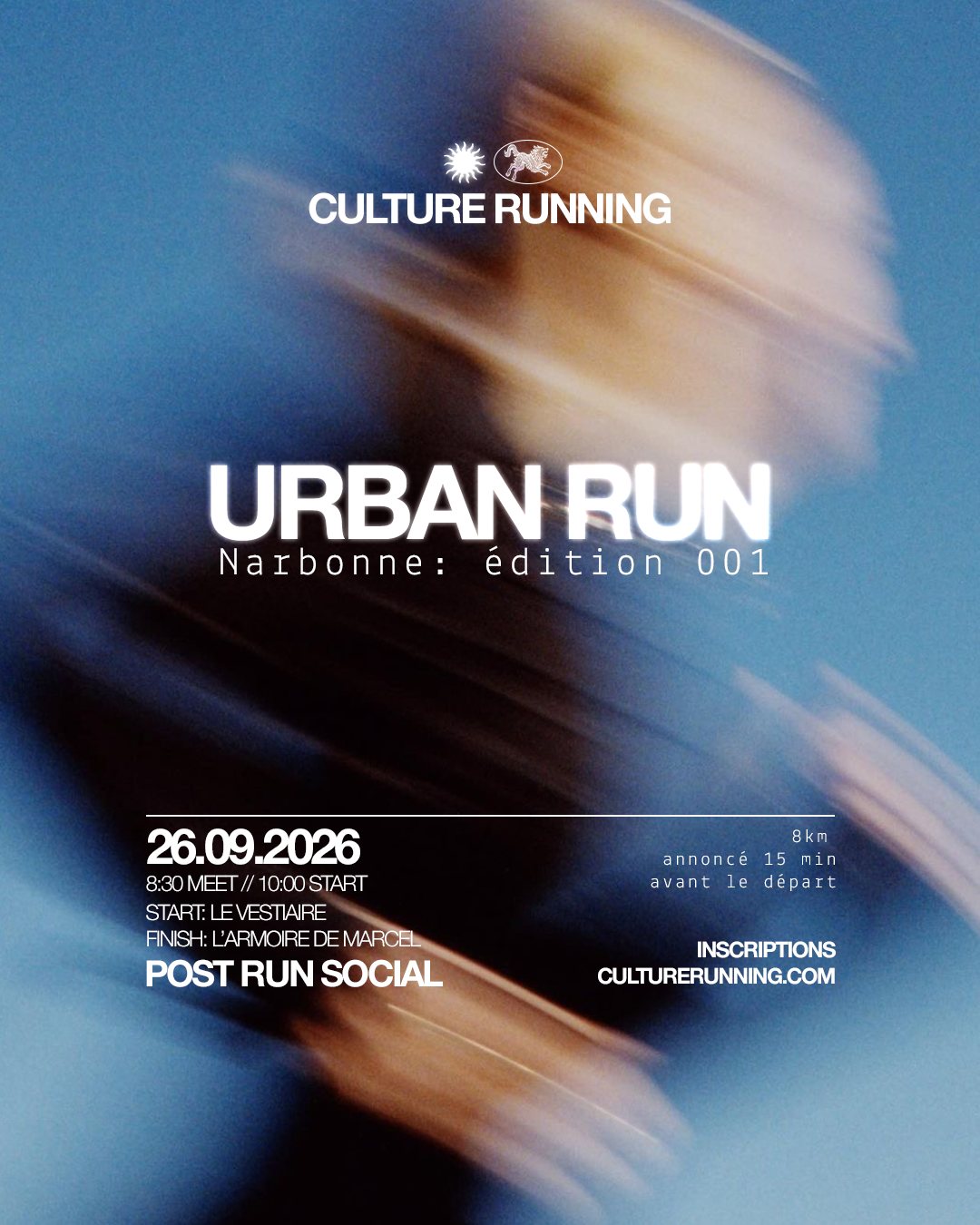 Event poster for an urban run organized by Culture Running, taking place in Narbonne on September 26, 2026, with details about start time, location, and social media links.