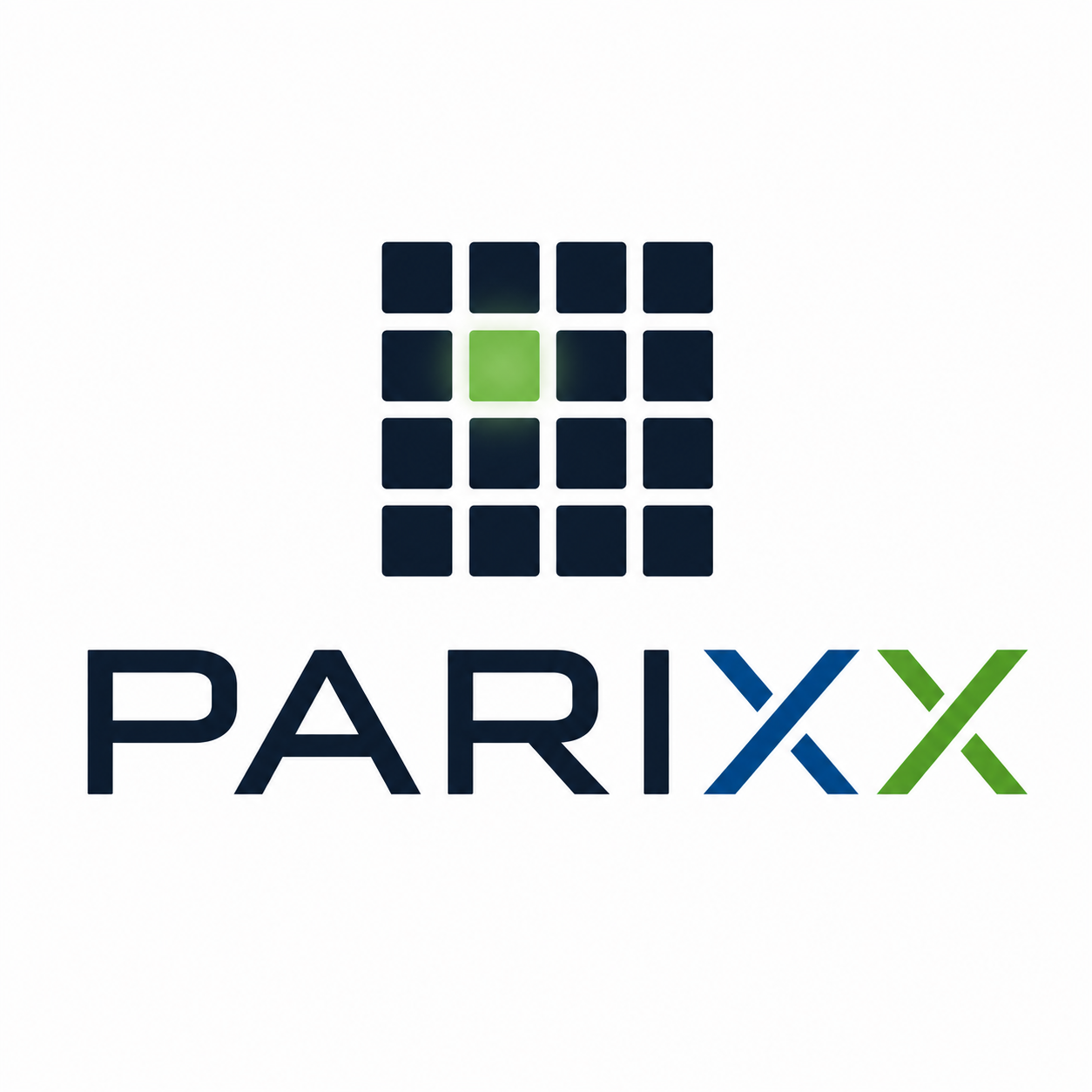 Logo of PARIXX with a grid of squares, one green square in the center, and the text 'PARIXX' below, with the last two X's in green and blue.