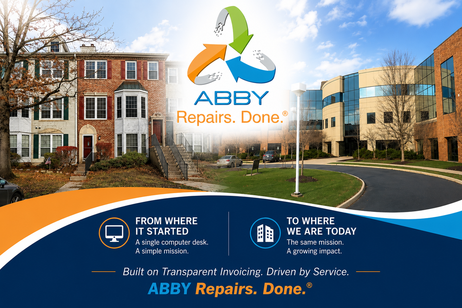 ABBY Solutions Group evolution from original townhouse office to current building