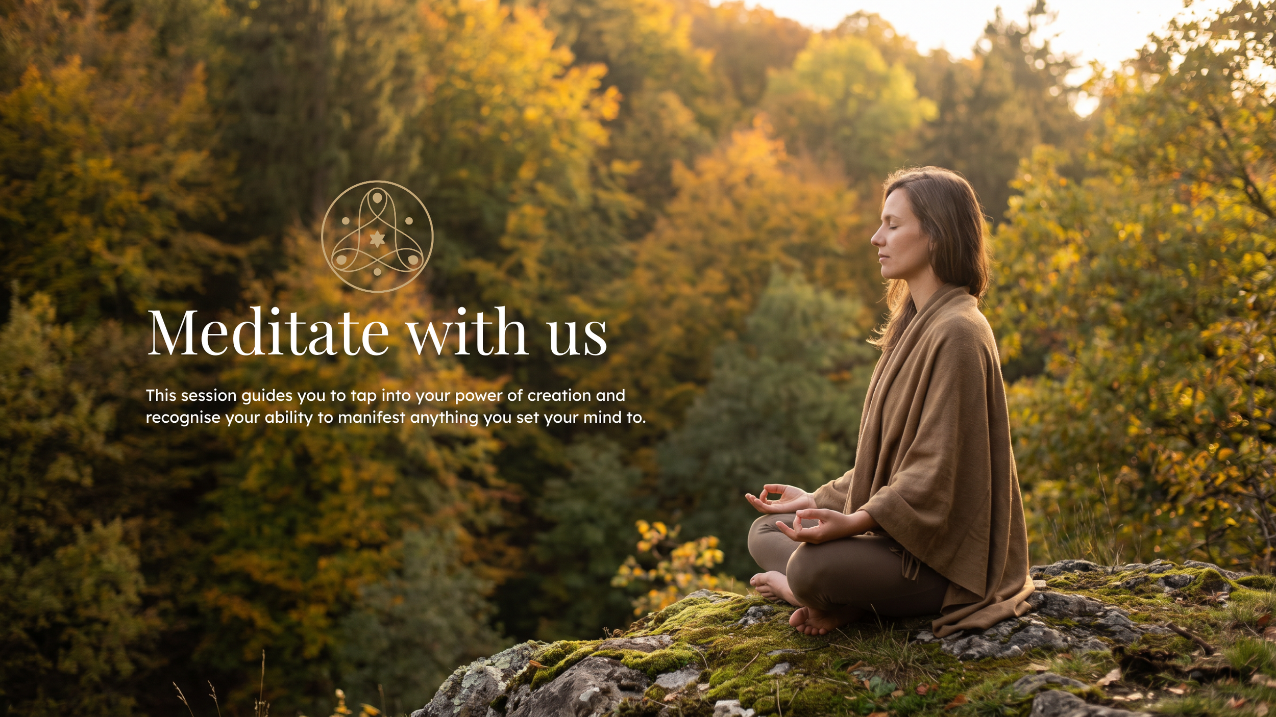 A woman meditating outdoors in a forest with autumn foliage, sitting cross-legged on a rock, eyes closed, wearing a brown shawl and pants, during sunset or sunrise.