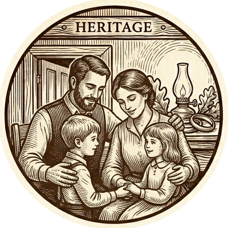 Vintage illustration of a family with a father, mother, and two children, under a sign that says "Heritage," with a lamp and vintage objects on a dresser in the background.