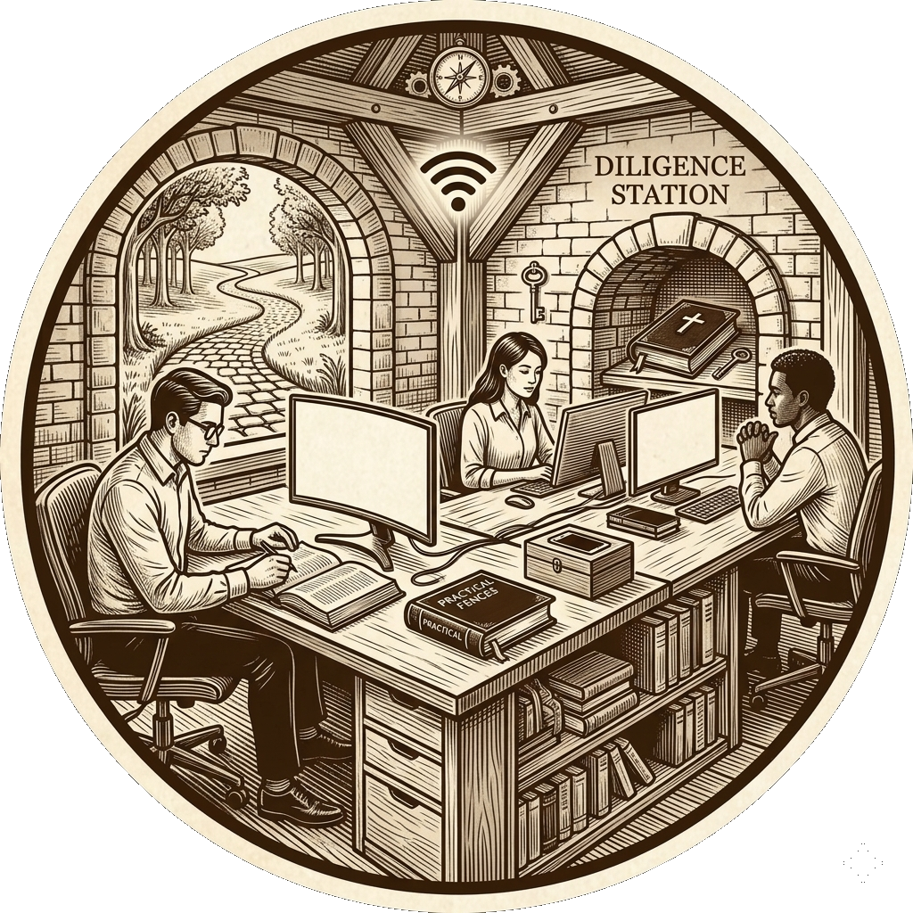 Three people working at a desk in a room labeled 'Diligence Station', with a window showing a scenic forest path, books, and monitors, and a Wi-Fi symbol above.