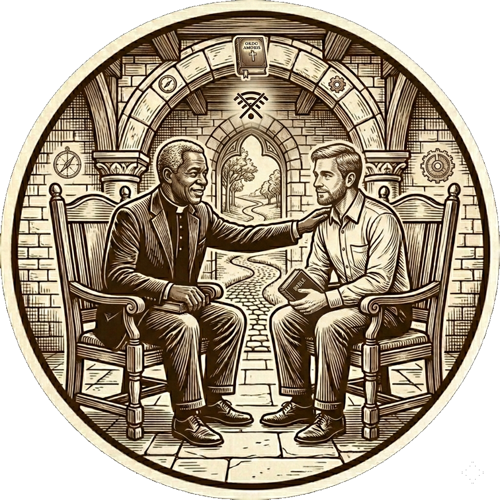 A detailed black and white illustration of two men sitting in chairs inside a church, engaging in a conversation. One man, dressed in a suit, is speaking and gesturing while the other, holding a Bible, listens attentively. The background features an arched window with a scenic landscape outside, and religious symbols, gears, and a wireless signal icon are present around the scene.